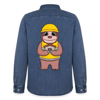 Bauherr Richtfest Faultier Haus Hausbau Geschenk - Männer Jeanshemd Organic von Stanley/Stella - verwaschenes Mittelblau  - Hinten - AI Model Male 185 light (185cm)