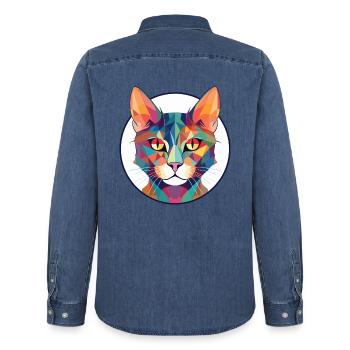 Pixie Bob Katze bunte Aquarell Haustier Illustration - Männer Jeanshemd Organic von Stanley/Stella - verwaschenes Mittelblau  - Hinten - AI Model Male 185 light (185cm)