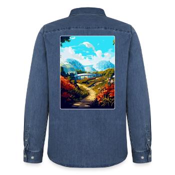 Eden Project England Uk Travel Poster Souvenir WPA - Men’s Organic Denim Shirt by Stanley/Stella - mid washy  - Back - AI Model Male 185 light (185cm)