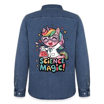 La magie de la science ! - Chemise en denim homme bio Stanley/Stella - bleu moyen délavé  - Dos - AI Model Male 185 light (185cm)