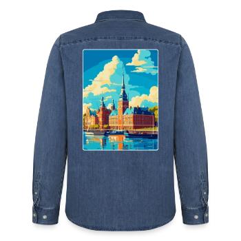 Helsingborg Sweden Vintage Travel Poster Souvenir - Men’s Organic Denim Shirt by Stanley/Stella - mid washy  - Back - AI Model Male 185 light (185cm)