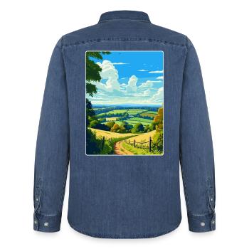 Surrey Hills Vintage Reiseposter Souvenir WPA - Männer Jeanshemd Organic von Stanley/Stella - verwaschenes Mittelblau  - Hinten - AI Model Male 185 light (185cm)