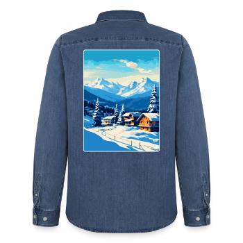 Kitzbühel Autriche Affiche de voyage vintage souvenir - Chemise en denim homme bio Stanley/Stella - bleu moyen délavé  - Dos - AI Model Male 185 light (185cm)