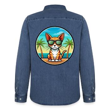 Abessinische Kurzhaarkatze Rasse Cartoon Sonnenbrille - Männer Jeanshemd Organic von Stanley/Stella - verwaschenes Mittelblau  - Hinten - AI Model Male 185 light (185cm)