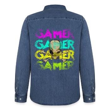 Gamer - Männer Jeanshemd Organic von Stanley/Stella - verwaschenes Mittelblau  - Hinten - AI Model Male 185 light (185cm)