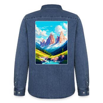 Dolomiten Italien Vintage Reiseplakat Souvenir WPA - Männer Jeanshemd Organic von Stanley/Stella - verwaschenes Mittelblau  - Hinten - AI Model Male 185 light (185cm)