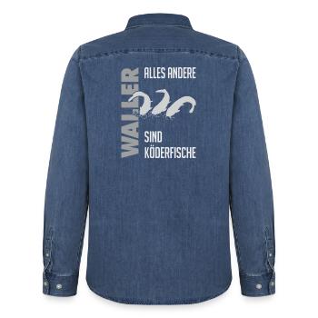 Wels fischen Kampf mit dem starken Wels - Männer Jeanshemd Organic von Stanley/Stella - verwaschenes Mittelblau  - Hinten - AI Model Male 185 light (185cm)