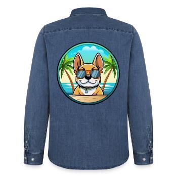 Chien Français Hunderasse Cartoon Sonnenbrille Strand - Männer Jeanshemd Organic von Stanley/Stella - verwaschenes Mittelblau  - Hinten - AI Model Male 185 light (185cm)