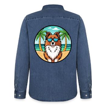 Sheltie Hunderasse Cartoon Sonnenbrille Strand - Männer Jeanshemd Organic von Stanley/Stella - verwaschenes Mittelblau  - Hinten - AI Model Male 185 light (185cm)