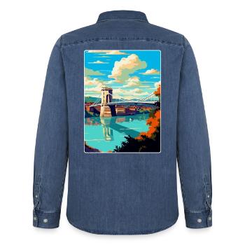 Bristol England Uk Vintage Travel Poster Souvenir - Men’s Organic Denim Shirt by Stanley/Stella - mid washy  - Back - AI Model Male 185 light (185cm)