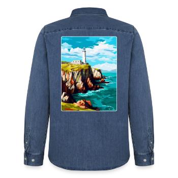 South Stack Cliffs Anglesey Vintage Reiseposter - Männer Jeanshemd Organic von Stanley/Stella - verwaschenes Mittelblau  - Hinten - AI Model Male 185 light (185cm)