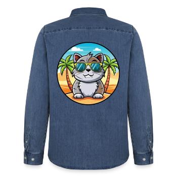 Schottische Falte Kurzhaarkatze Rasse Cartoon Strand - Männer Jeanshemd Organic von Stanley/Stella - verwaschenes Mittelblau  - Hinten - AI Model Male 185 light (185cm)