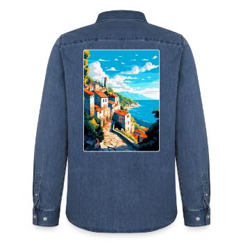 Ston Kroatien Vintage Reiseposter WPA Souvenir - Männer Jeanshemd Organic von Stanley/Stella - verwaschenes Mittelblau  - Hinten - AI Model Male 185 light (185cm)