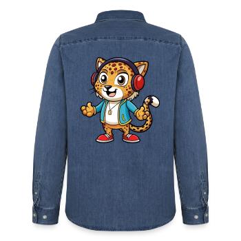 Léopard Funny Cartoon Character Musique de casque - Chemise en denim homme bio Stanley/Stella - bleu moyen délavé  - Dos - AI Model Male 185 light (185cm)
