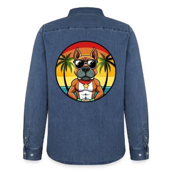 Deutscher Boxer Hund Rasse Cartoon Sonnenbrille Strand - Männer Jeanshemd Organic von Stanley/Stella - verwaschenes Mittelblau  - Hinten - AI Model Male 185 light (185cm)