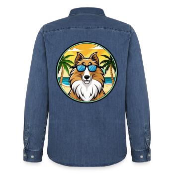Rough Collie Hunderasse Cartoon Sonnenbrille Strand - Männer Jeanshemd Organic von Stanley/Stella - verwaschenes Mittelblau  - Hinten - AI Model Male 185 light (185cm)