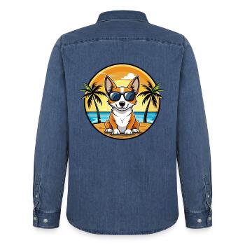 Miniatur Foxterrier Hunderasse Cartoon Sonnenbrille - Männer Jeanshemd Organic von Stanley/Stella - verwaschenes Mittelblau  - Hinten - AI Model Male 185 light (185cm)