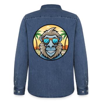 Babouin Drôle Dessin Animé Plage D’été Lunettes De Soleil Cool - Chemise en denim homme bio Stanley/Stella - bleu moyen délavé  - Dos - AI Model Male 185 light (185cm)
