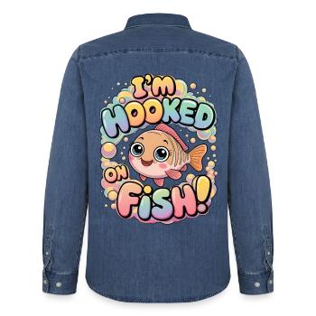 I'm Hooked On Fish - Men’s Organic Denim Shirt by Stanley/Stella - mid washy  - Back - AI Model Male 185 light (185cm)