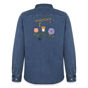 Harmony Flowers - Men’s Organic Denim Shirt by Stanley/Stella - mid washy  - Back - AI Model Male 185 light (185cm)