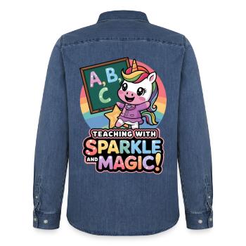 Teaching With Sparkle And Magic! - Men’s Organic Denim Shirt by Stanley/Stella - mid washy  - Back - AI Model Male 185 light (185cm)