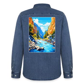 Gorges de Samaria Grèce Affiche de voyage vintage WPA Art - Chemise en denim homme bio Stanley/Stella - bleu moyen délavé  - Dos - AI Model Male 185 light (185cm)
