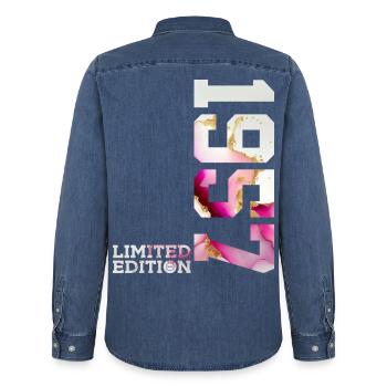 69TH BIRTHDAY 69 YEARS LIMITED EDITION 1957 - Men’s Organic Denim Shirt by Stanley/Stella - mid washy  - Back - AI Model Male 185 light (185cm)