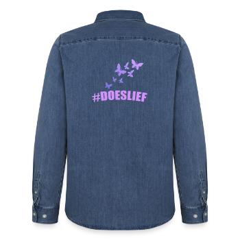 doeslief butterflies fly in the purple light - Men’s Organic Denim Shirt by Stanley/Stella - mid washy  - Back - AI Model Male 185 light (185cm)
