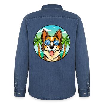 Nordamerikanischer Schäferhund Rasse Cartoon Beach - Männer Jeanshemd Organic von Stanley/Stella - verwaschenes Mittelblau  - Hinten - AI Model Male 185 light (185cm)