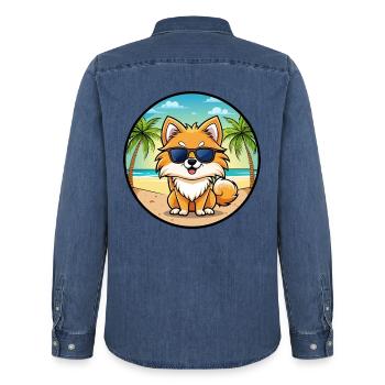 Pommerscher Deutscher Spitz Hunderasse Cartoon Beach - Männer Jeanshemd Organic von Stanley/Stella - verwaschenes Mittelblau  - Hinten - AI Model Male 185 light (185cm)