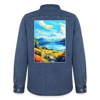 Loch Lomond National Park Travel Poster Souvenir - Men’s Organic Denim Shirt by Stanley/Stella - mid washy  - Back - AI Model Male 185 light (185cm)