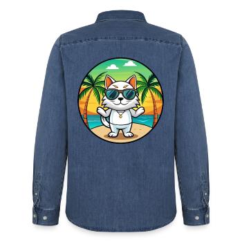 Japanische Bobtail Katzenrasse Cartoon Sonnenbrille Strand - Männer Jeanshemd Organic von Stanley/Stella - verwaschenes Mittelblau  - Hinten - AI Model Male 185 light (185cm)