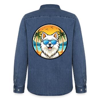 Japanischer Spitz Hund Rasse Cartoon Sonnenbrille Strand - Männer Jeanshemd Organic von Stanley/Stella - verwaschenes Mittelblau  - Hinten - AI Model Male 185 light (185cm)