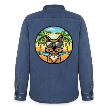 Cao Da Serra De Aires Lunettes de soleil de dessin animé de race de chien - Chemise en denim homme bio Stanley/Stella - bleu moyen délavé  - Dos - AI Model Male 185 light (185cm)