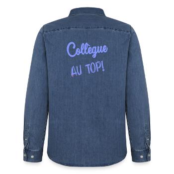 COLLEGUE. DEPART. RETRAITE. EMPLOI. HUMOUR - Chemise en denim homme bio Stanley/Stella - bleu moyen délavé  - Dos - AI Model Male 185 light (185cm)
