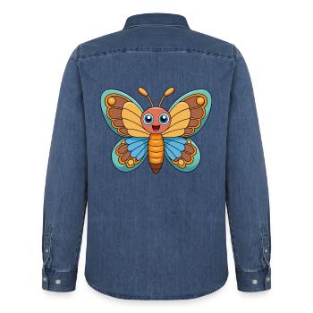 Papillon Mignon Mascotte Personnage De Dessin Animé Kawaii - Chemise en denim homme bio Stanley/Stella - bleu moyen délavé  - Dos - AI Model Male 185 light (185cm)