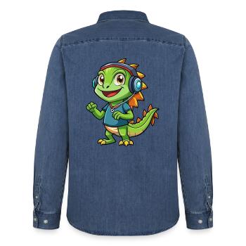Iguane Funny Cartoon Character Musique de casque - Chemise en denim homme bio Stanley/Stella - bleu moyen délavé  - Dos - AI Model Male 185 light (185cm)