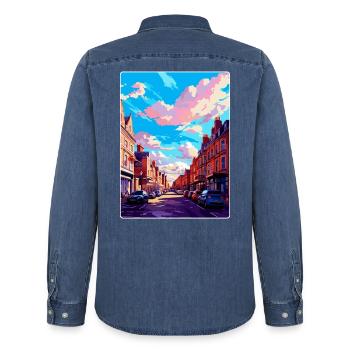 Carlisle Cumbria Vintage Reiseposter Souvenir - Männer Jeanshemd Organic von Stanley/Stella - verwaschenes Mittelblau  - Hinten - AI Model Male 185 light (185cm)