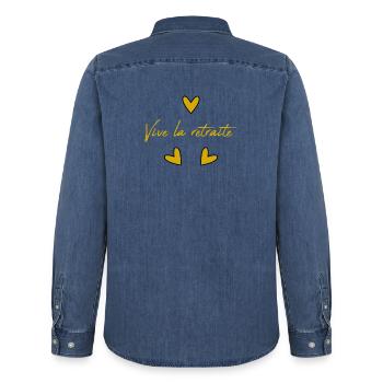 RETIREMENT. HAPPY RETIREMENT. HAPPY RETIREMENT - Men’s Organic Denim Shirt by Stanley/Stella - mid washy  - Back - AI Model Male 185 light (185cm)