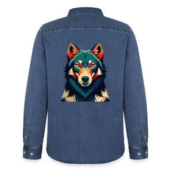 Wolf Cartoon Figur Buntes Haustier Tier - Männer Jeanshemd Organic von Stanley/Stella - verwaschenes Mittelblau  - Hinten - AI Model Male 185 light (185cm)