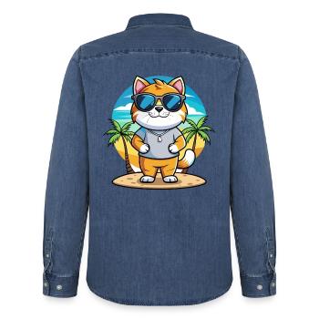 Britische Falte Kurzhaar Katzenrasse Cartoon Strand - Männer Jeanshemd Organic von Stanley/Stella - verwaschenes Mittelblau  - Hinten - AI Model Male 185 light (185cm)