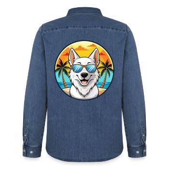 Berger Blanc Suisse Dog Breed Cartoon Sunglasses - Men’s Organic Denim Shirt by Stanley/Stella - mid washy  - Back - AI Model Male 185 light (185cm)