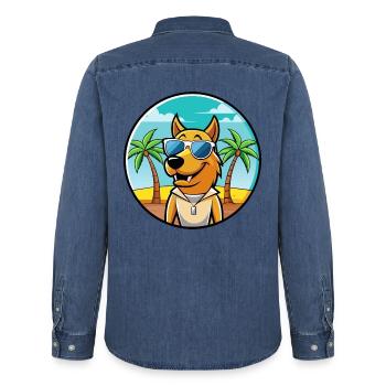 Smaland Hound Hund Rasse Cartoon Sonnenbrille Strand - Männer Jeanshemd Organic von Stanley/Stella - verwaschenes Mittelblau  - Hinten - AI Model Male 185 light (185cm)