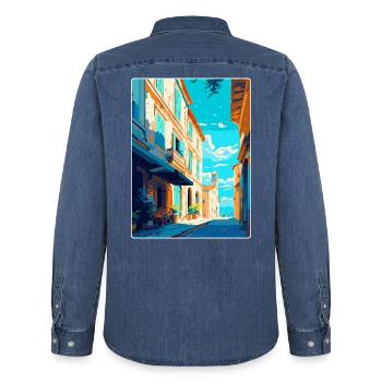 Arles France Affiche de voyage vintage WPA Souvenir - Chemise en denim homme bio Stanley/Stella - bleu moyen délavé  - Dos - AI Model Male 185 light (185cm)