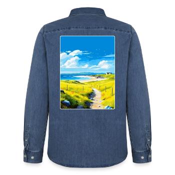 Île de Tiree Écosse Royaume-Uni Affiche de voyage souvenir - Chemise en denim homme bio Stanley/Stella - bleu moyen délavé  - Dos - AI Model Male 185 light (185cm)
