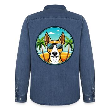 Ibizan Hound Hund Rasse Cartoon Sonnenbrille Strand - Männer Jeanshemd Organic von Stanley/Stella - verwaschenes Mittelblau  - Hinten - AI Model Male 185 light (185cm)