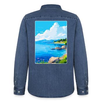 Affiche de voyage vintage de l’île de Meganisi en Grèce WPA - Chemise en denim homme bio Stanley/Stella - bleu moyen délavé  - Dos - AI Model Male 185 light (185cm)