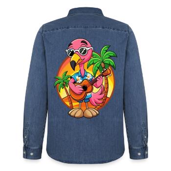 Lustige Flamingo Sommer Strand Sonnenbrille Hawaiianisch - Männer Jeanshemd Organic von Stanley/Stella - verwaschenes Mittelblau  - Hinten - AI Model Male 185 light (185cm)