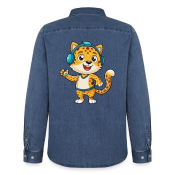 Léopard Funny Cartoon Character Musique de casque - Chemise en denim homme bio Stanley/Stella - bleu moyen délavé  - Dos - AI Model Male 185 light (185cm)