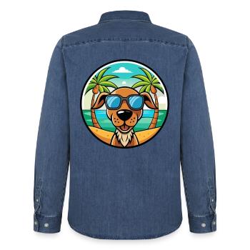 Hannover Laufhund Hunderasse Cartoon Sonnenbrille Strand - Männer Jeanshemd Organic von Stanley/Stella - verwaschenes Mittelblau  - Hinten - AI Model Male 185 light (185cm)